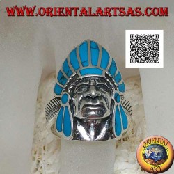 Anillo de plata, cabeza de indio nativo americano con tocado de plumas de concha de paua (abulón) y plumas a los lados