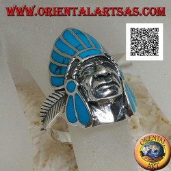 Bague en argent, tête d'Indien amérindien avec coiffe de plumes turquoise et plume sur les côtés
