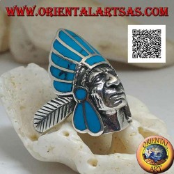 Silver ring, Native American Indian head with turquoise feather headdress and feather on the sides