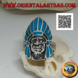 Bague en argent, tête d'Indien amérindien avec coiffe de plumes turquoise et plume sur les côtés