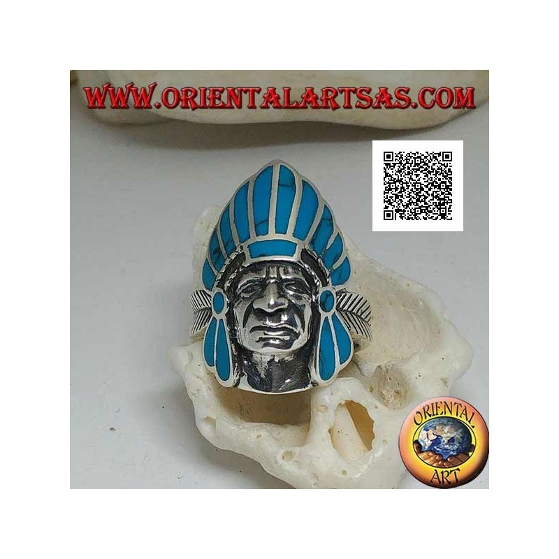 Bague en argent, tête d'Indien amérindien avec coiffe de plumes turquoise et plume sur les côtés