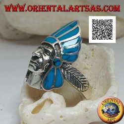 Anillo de plata, cabeza de indio nativo americano con tocado de plumas de concha de paua (abulón) y plumas a los lados