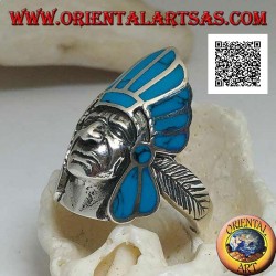 Silver ring, Native American Indian head with turquoise feather headdress and feather on the sides
