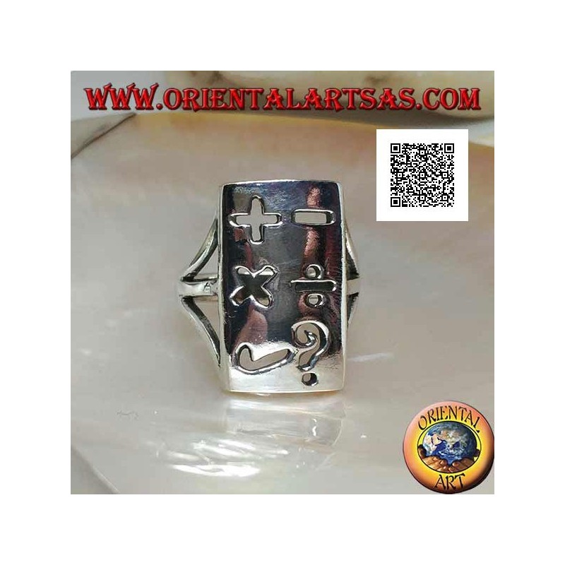 Smooth silver ring with rectangular plate and perforated mathematical symbols