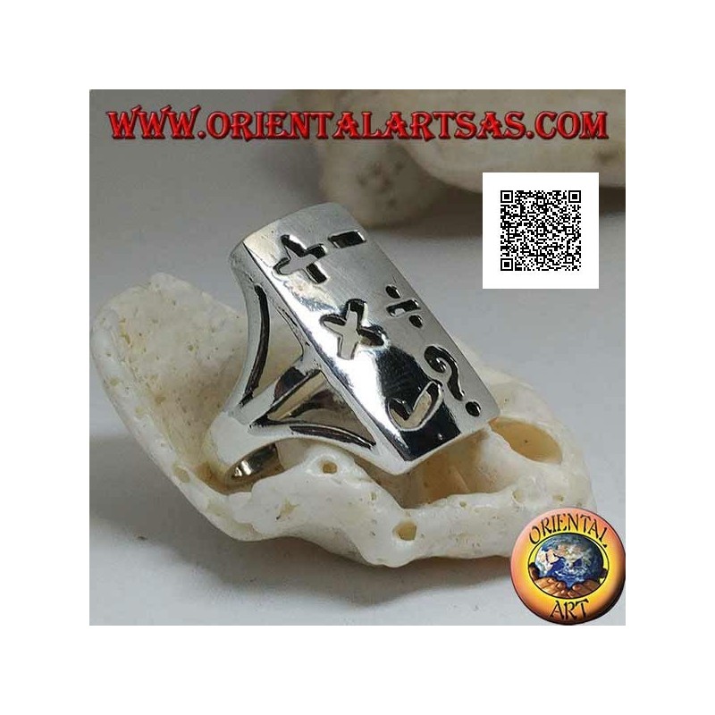 Anello in argento liscio con piastra rettangolare e simboli matematici traforati