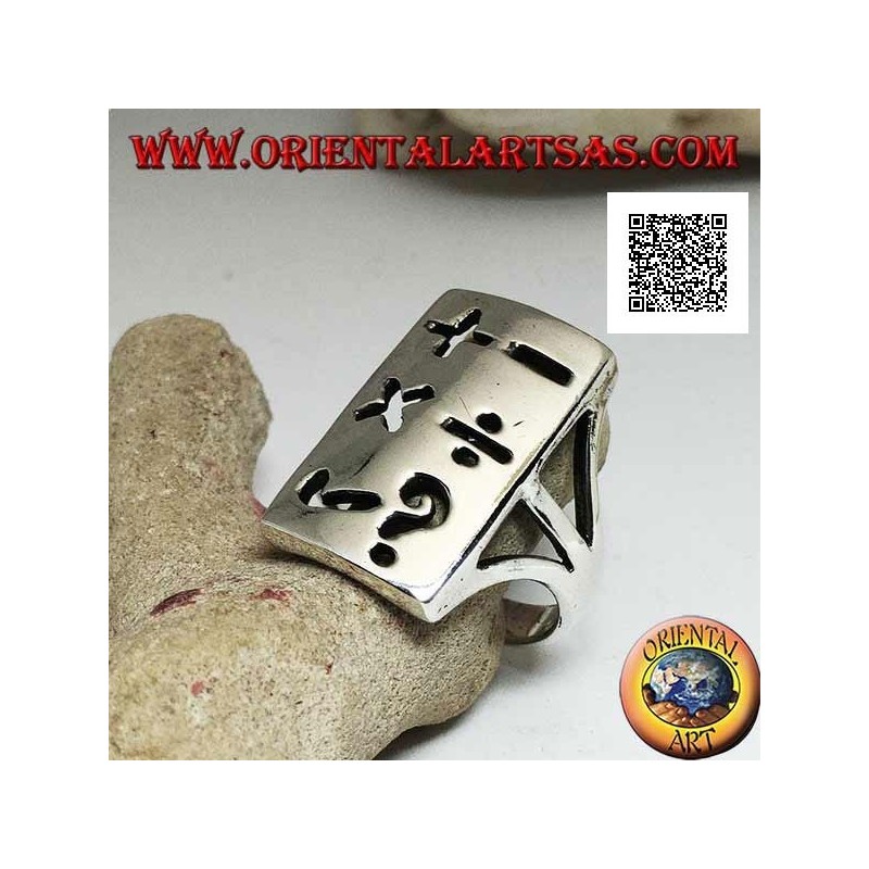 Smooth silver ring with rectangular plate and perforated mathematical symbols