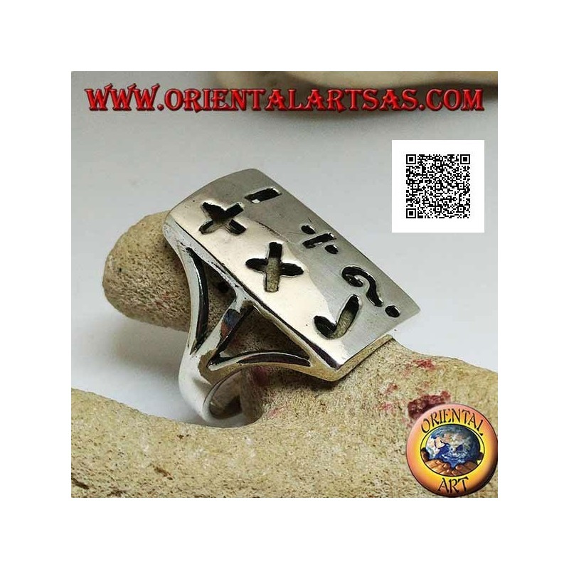 Smooth silver ring with rectangular plate and perforated mathematical symbols
