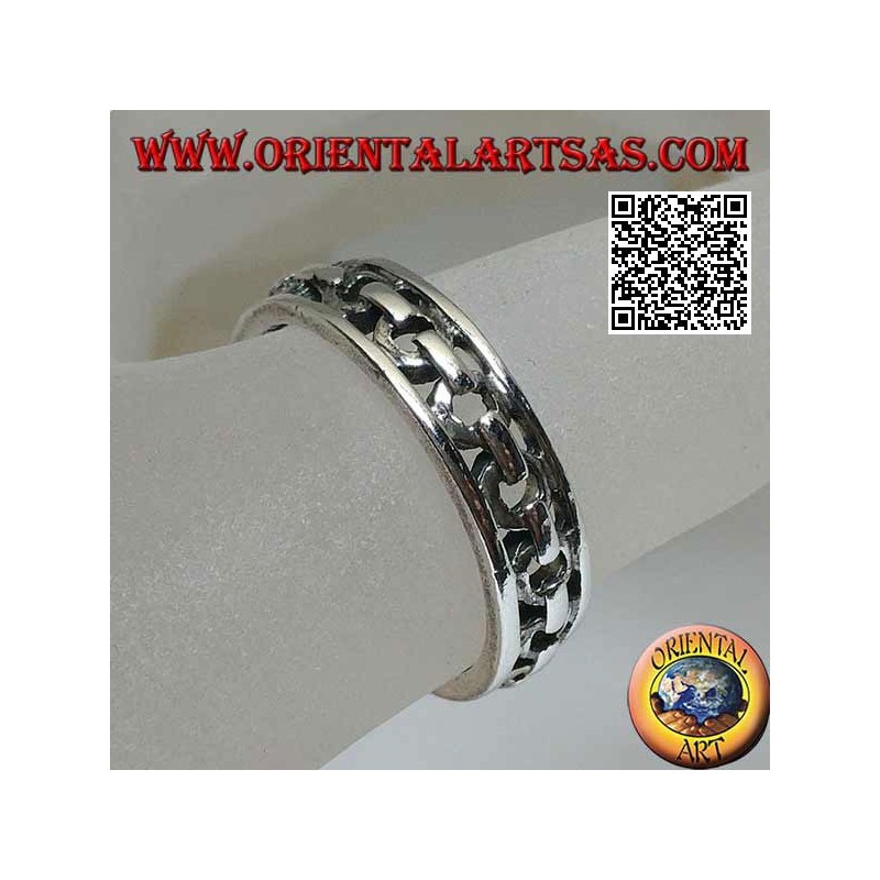 Silberring mit gearbeitetem Band, perforierte Kette zwischen zwei Linien