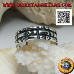 Silver ring with rectangles and pairs of checkerboard circles in bas-relief