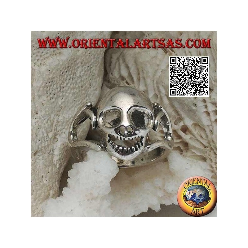 Silver ring of a goblin skull with ears