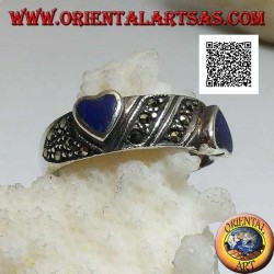 Silver ring with natural lapis lazuli hearts in relief on oblique processing with marcasite