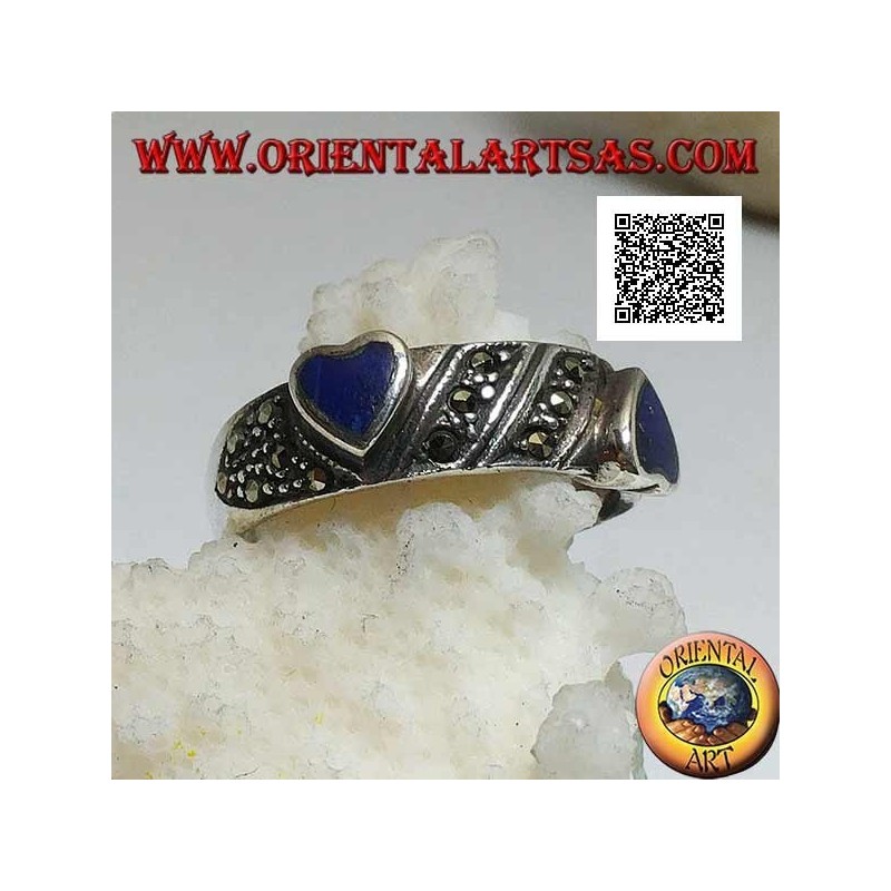 Bague en argent avec cœurs en lapis lazuli naturel en relief sur traitement oblique avec marcassite