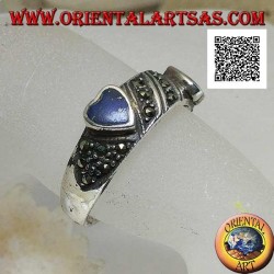 Silver ring with natural lapis lazuli hearts in relief on oblique processing with marcasite