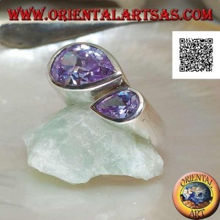 Anillo de plata rodiada con doble gota especular de circonitas facetadas color amatista