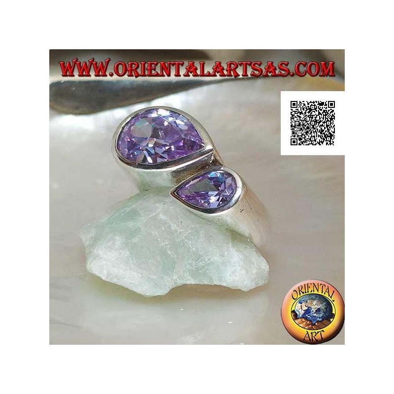 Anillo de plata rodiada con doble gota especular de circonitas facetadas color amatista