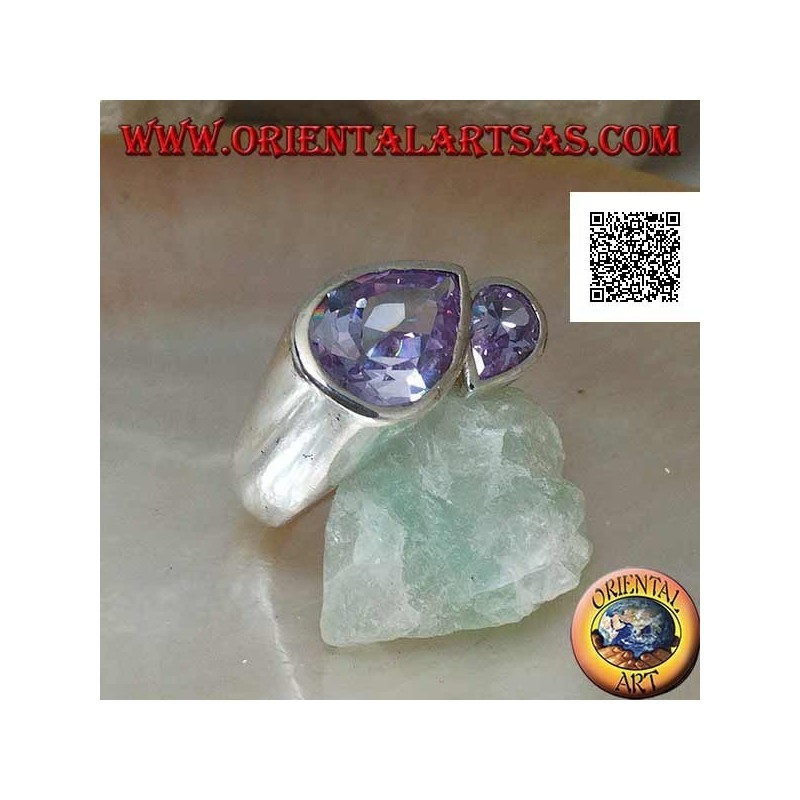 Anello in argento rodiato con doppia goccia speculare di zirconi color ametista sfaccettati