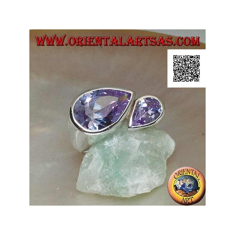 Rhodiumsilberring mit doppeltem spiegelnden Tropfen facettierter amethystfarbener Zirkone