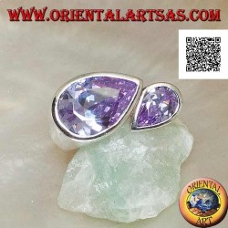 Rhodium silver ring with double specular drop of faceted amethyst-colored zircons