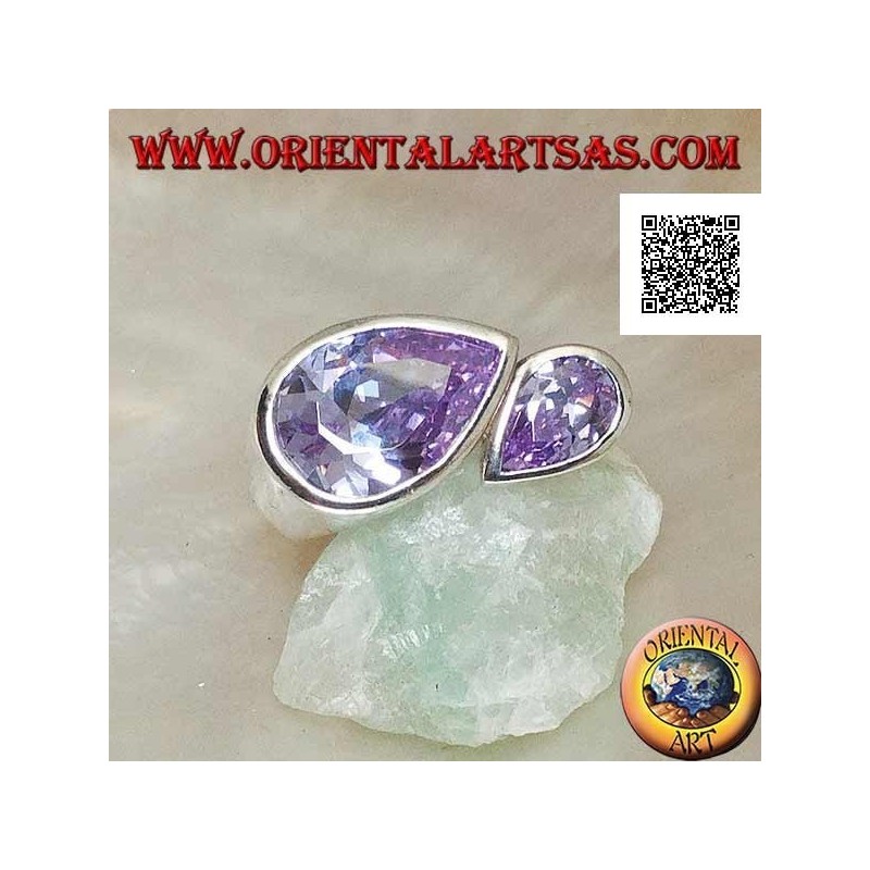Anello in argento rodiato con doppia goccia speculare di zirconi color ametista sfaccettati