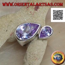 Anillo de plata rodiada con doble gota especular de circonitas facetadas color amatista