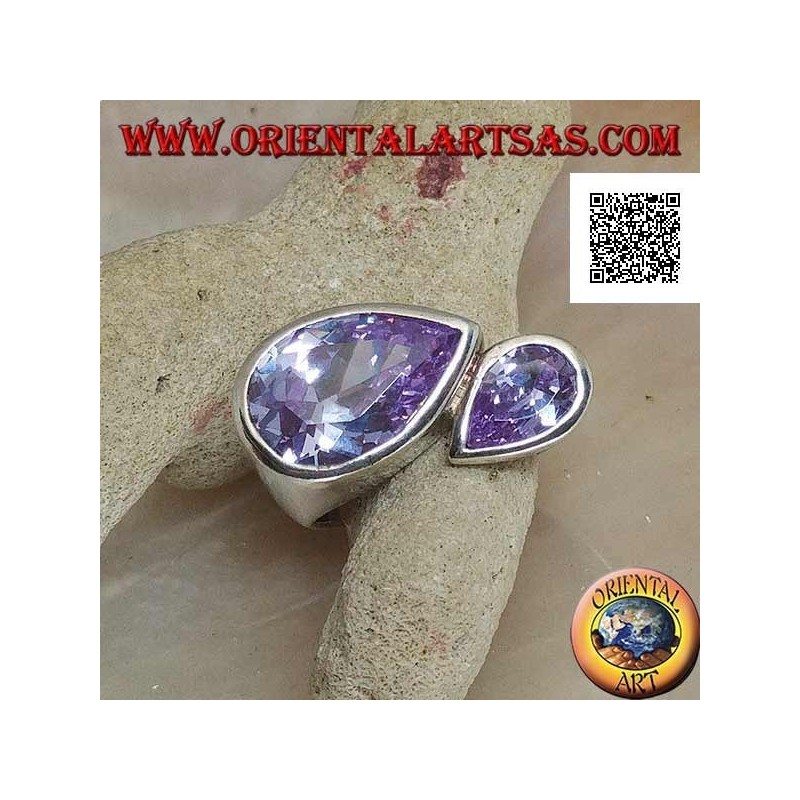 Anello in argento rodiato con doppia goccia speculare di zirconi color ametista sfaccettati