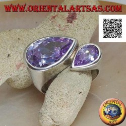 Rhodium silver ring with double specular drop of faceted amethyst-colored zircons