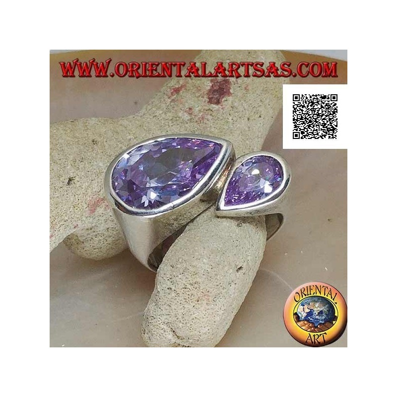 Rhodium silver ring with double specular drop of faceted amethyst-colored zircons