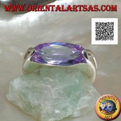 Rhodium-plated silver ring with horizontal oval faceted amethyst zircon