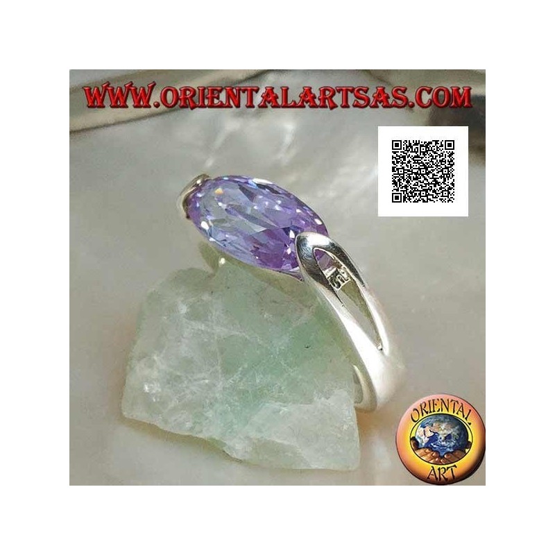Rhodium-plated silver ring with horizontal oval faceted amethyst zircon