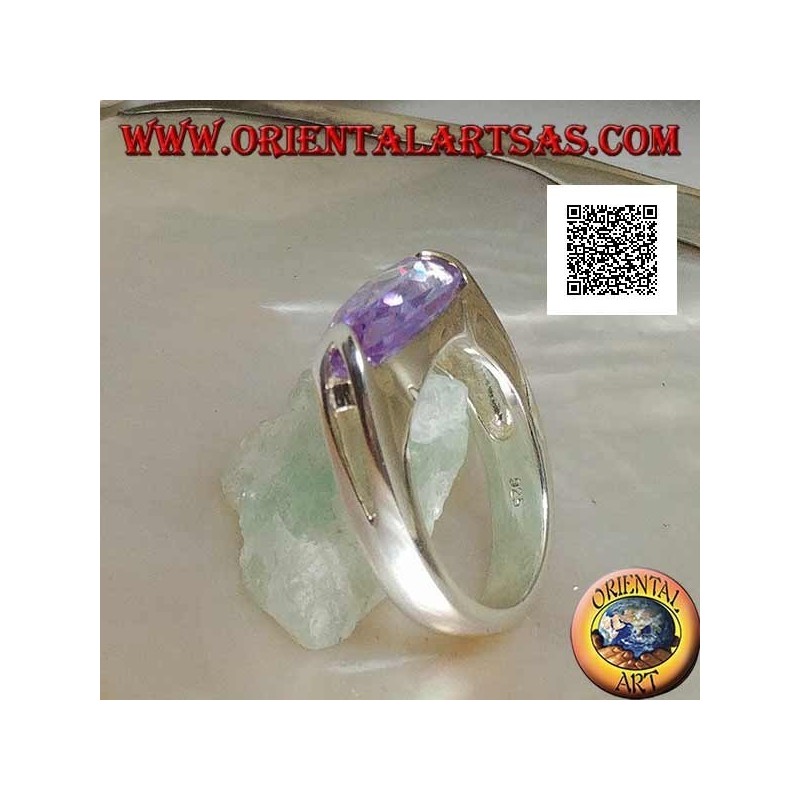 Rhodium-plated silver ring with horizontal oval faceted amethyst zircon