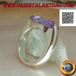 Rhodium-plated silver ring with horizontal oval faceted amethyst zircon