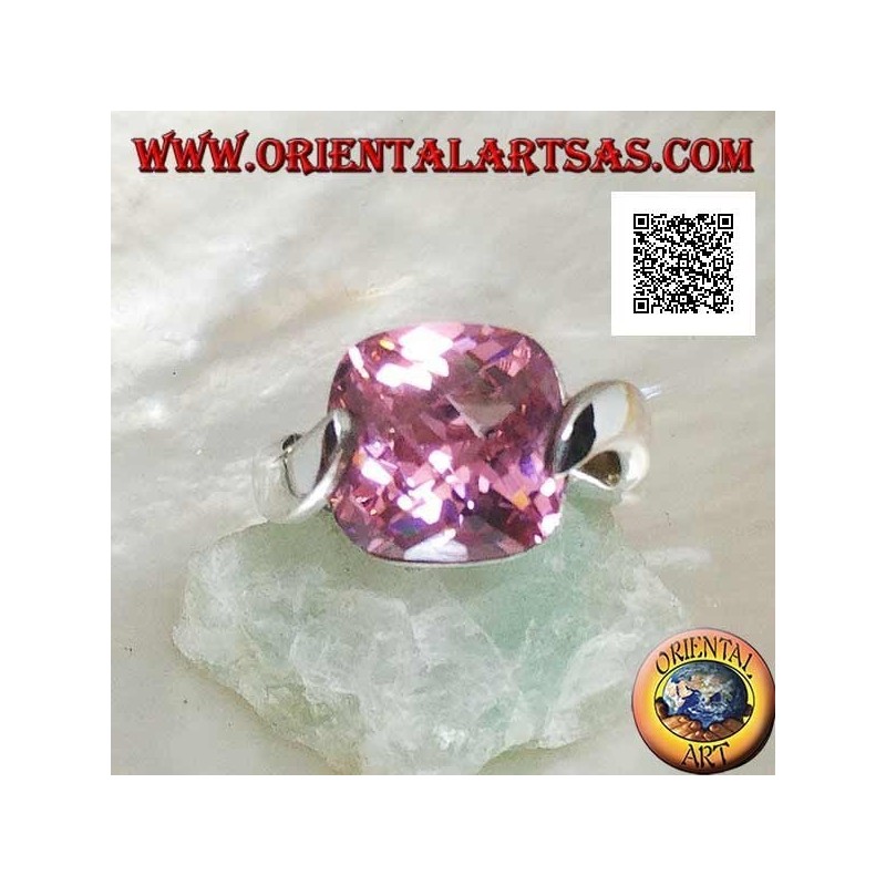 Anello in argento rodiato con zircone sfaccettato quadrato rosa agganciato da due lati