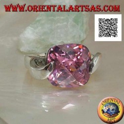 Rhodium silver ring with pink square faceted zircon hooked on two sides