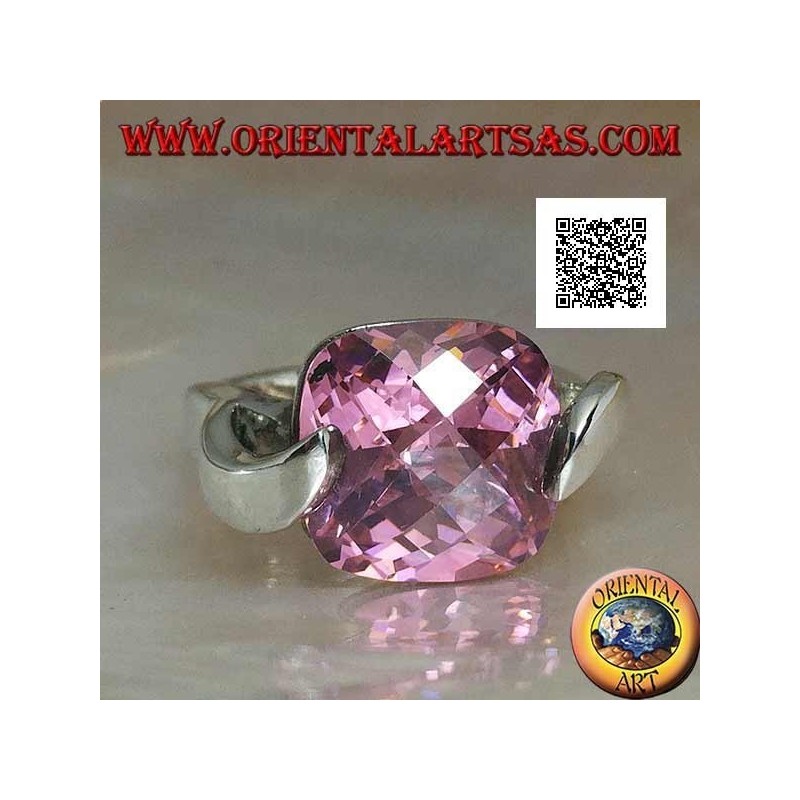 Rhodiumsilberring mit rosa quadratischem facettiertem Zirkon an zwei Seiten