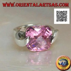 Rhodium silver ring with pink square faceted zircon hooked on two sides
