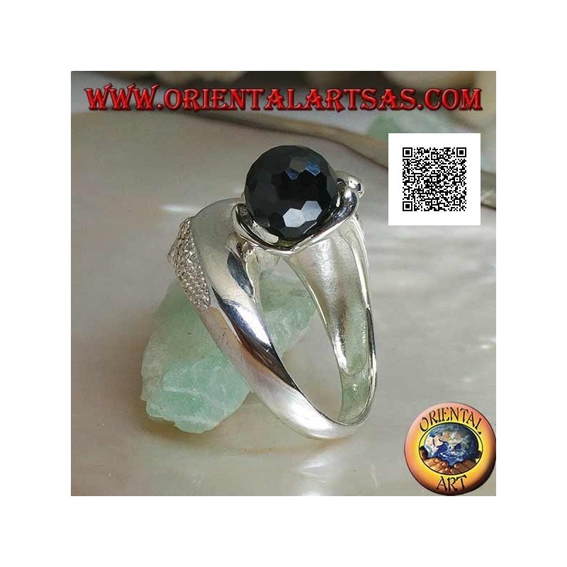 Anello in argento rodiato a due braccia con due sfere di zircone spinello sfaccettato