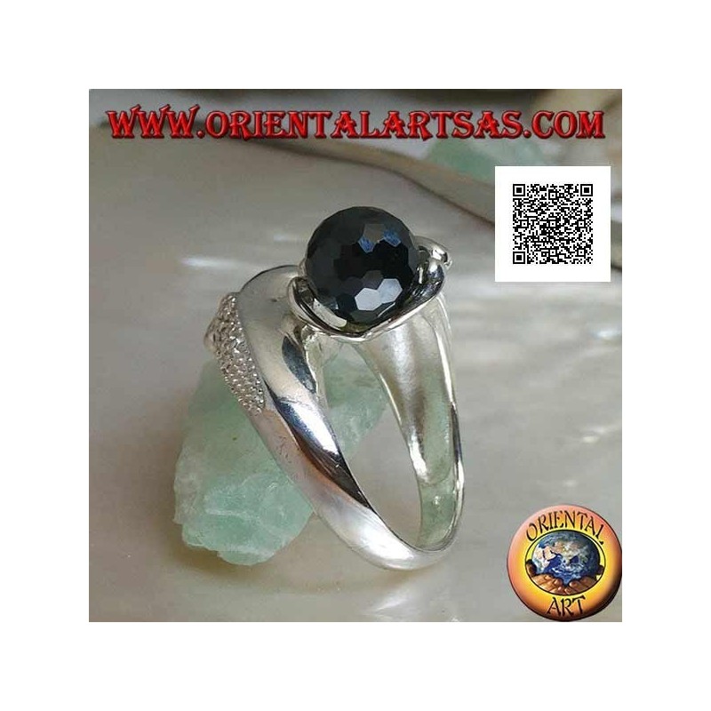 Two-arm rhodium silver ring with two faceted spinel zircon spheres