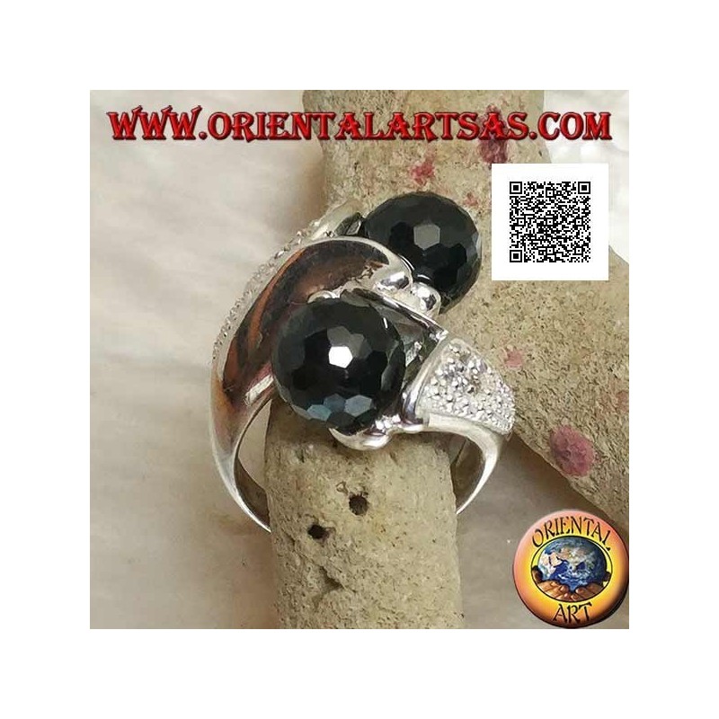 Bague en argent rhodié à deux bras avec deux sphères zircon spinelle facettées