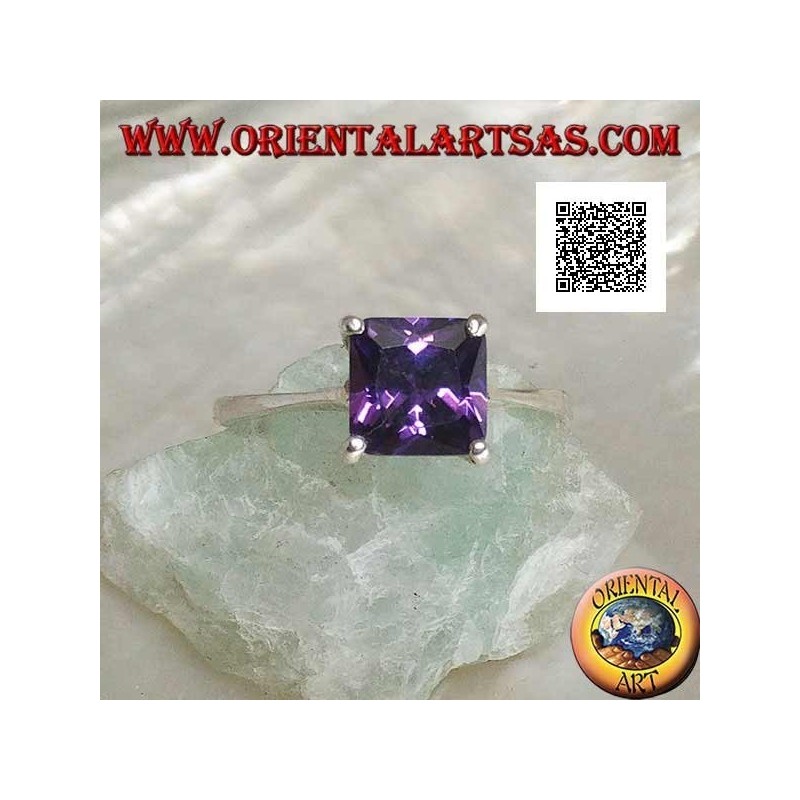 Rhodinierter Silberring mit amethystfarbenem quadratischem Zirkon, besetzt mit 4 Clips