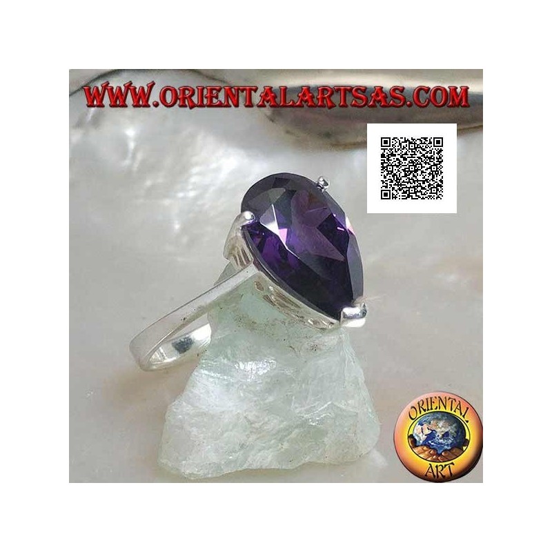 Bague en argent rhodié avec zircon goutte améthyste serti de 3 clips
