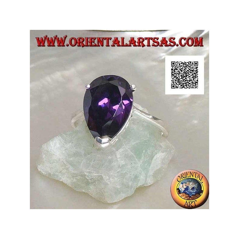 Bague en argent rhodié avec zircon goutte améthyste serti de 3 clips