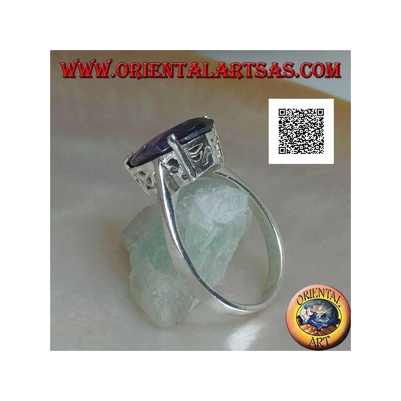 Bague en argent rhodié avec zircon goutte améthyste serti de 3 clips