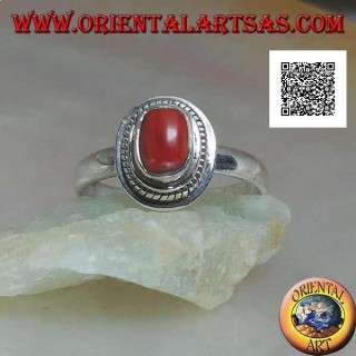 Silver ring with natural coral set in a braided edge (19)