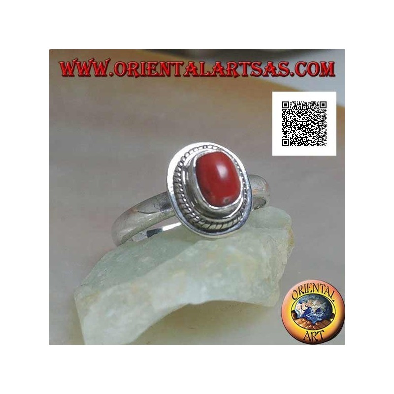 Anillo de plata con coral natural engastado en un borde trenzado (19)