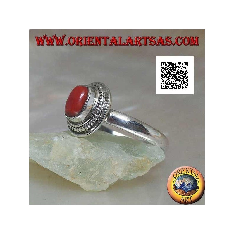Anillo de plata con coral natural engastado en un borde trenzado (19)