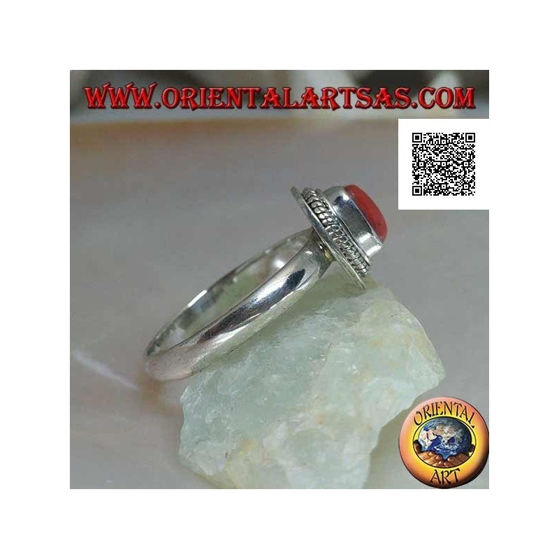 Anillo de plata con coral natural engastado en un borde trenzado (19)