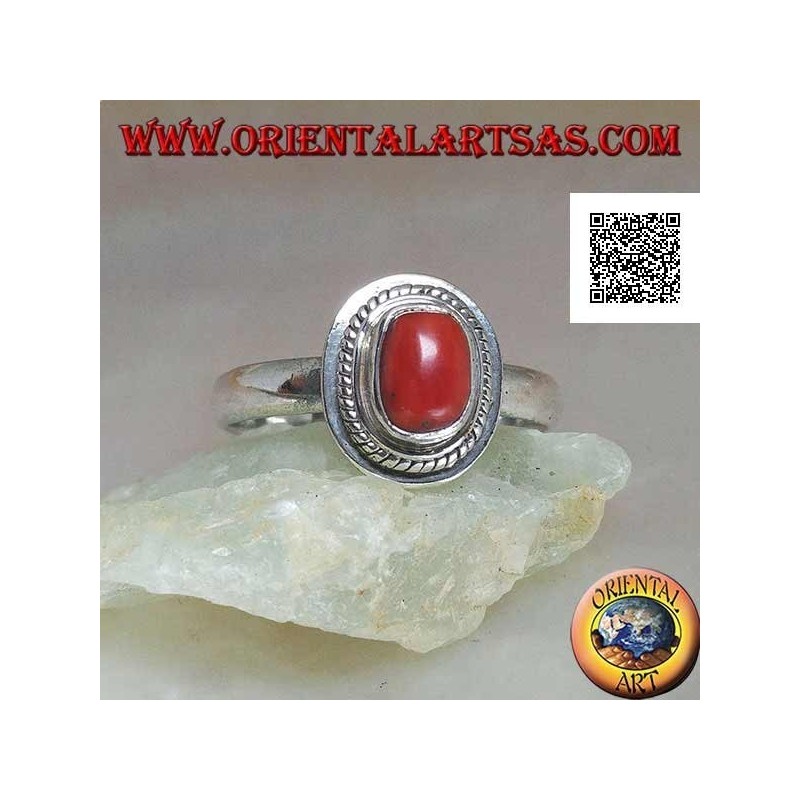 Anillo de plata con coral natural engastado en un borde trenzado (19)