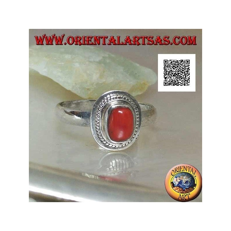Anillo de plata con coral natural engastado en un borde trenzado (19)