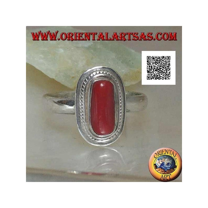 Anillo de plata con coral natural engastado en un borde trenzado (16)