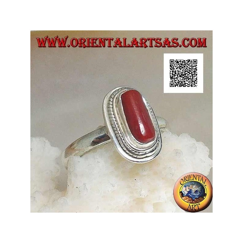 Anillo de plata con coral natural engastado en un borde trenzado (16)